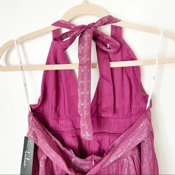 New Lulus Charlize Magenta pink metallic Striped Halter Midi Dress - Picture 4 of 8